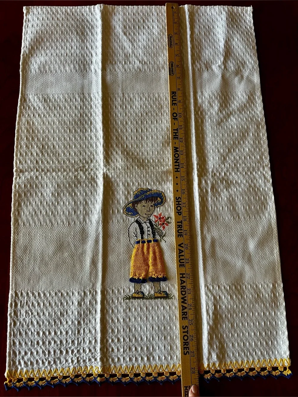 NWOT Pair of embroidered and crocheted tea towels. White cotton waffle weave.